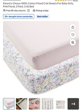 Parent's Choice Pink Floral & Solid Pink Cotton Crib Sheet Set, 2-Pack